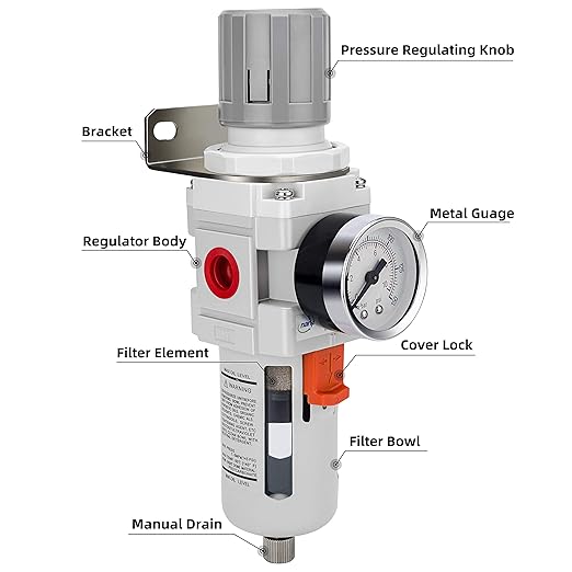 NANPU 1/2" NPT Compressed Air Filter Regulator Combo Piggyback, 5 Micron Brass Element, Poly Bowl, Semi-Auto Drain, Metal Bracket, 0-150 psi Gauge - Image 2
