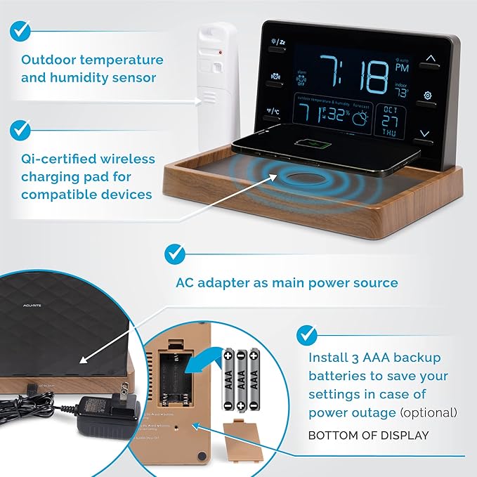 AcuRite Weather Valet with Qi-Certified Wireless Charging Pad, Auto-Dimming LCD Screen, Alarm Clock, Hyperlocal Forecast, Outdoor Temperature and Humidity Measurements, Indoor Temperature Reading - Image 5