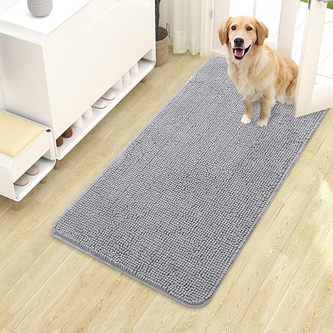 OLANLY Dog Door Mat for Muddy Paws 40x24, Absorbs Moisture and Dirt, Absorbent Non-Slip Washable Doormat, Quick Dry Chenille Mud Mat for Dogs, Entry Indoor Entryway Carpet for Inside Floor, Light Grey by OLANLY