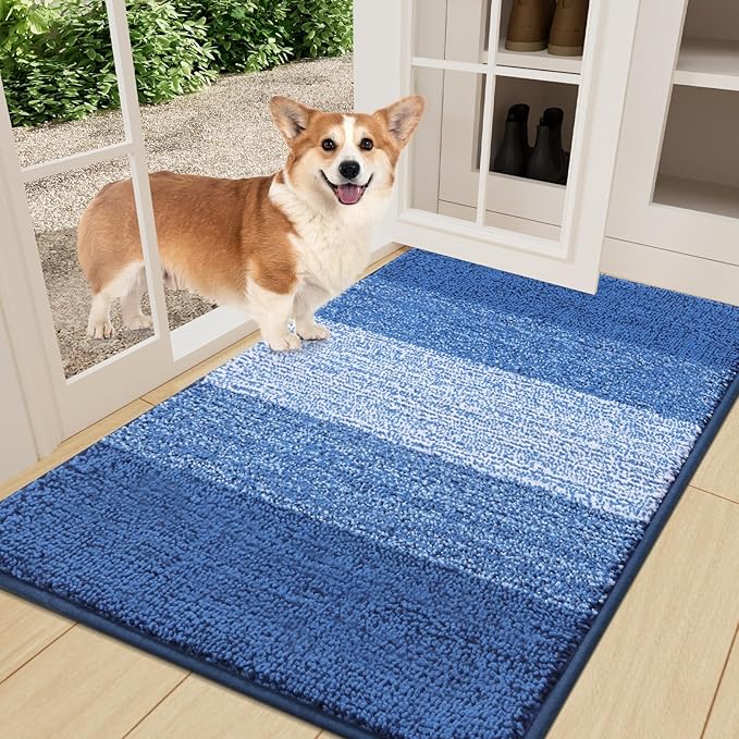 Smiry Dog Door Mat for Muddy Paws, Absorbs Moisture and Dirt, Low-Profile Entryway Mat with Non-Slip Backing, Entry Indoor Outdoor Doormat for Inside Floor (36x24 Inches, Navy Blue, Striped) by Smiry