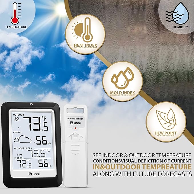Indoor Outdoor Thermometer Hygrometer Wireless Weather Station, Temperature Humidity Monitor Battery Powered Inside Outside Thermometers with 330ft Range Remote Sensor(Black) - Image 3