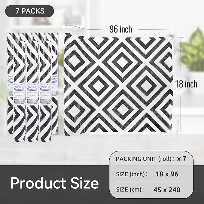 FIFTY FEET 18"x96" Non-Adhesive Shelf Liner for Kitchen Cabinets and Drawers, Washable Non-Slip PVC Cabinet Liner (Black Plaid)(7 Roll) - Image 5