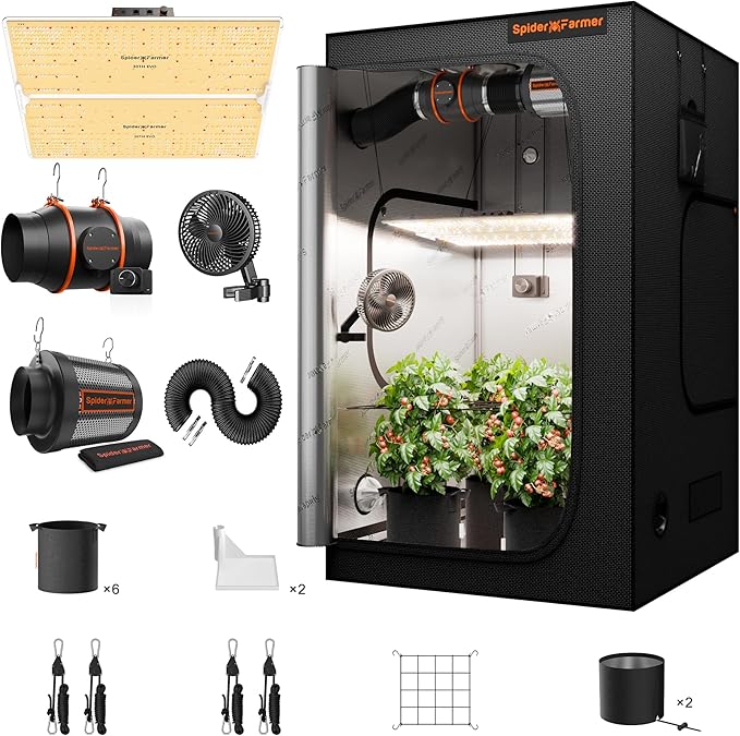 Spider Farmer Grow Tent Kit Complete 4x4ft SF4000 Dimmable Samsung LM301H EVO LED Diodes, 450W Complete System 4x4x6.6 Grow Tent Set 48"x48"x80" with 6" Ventilation System & 6'' Clip Fan by SpiderFarmer