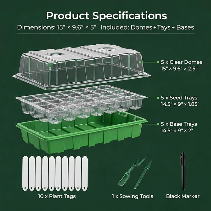Gardzen 5 Pack BPA Free Seed Starter Tray Kit, 40 Cell Reusable Seedling Trays with Humidity Vented Domes and Base - Image 2