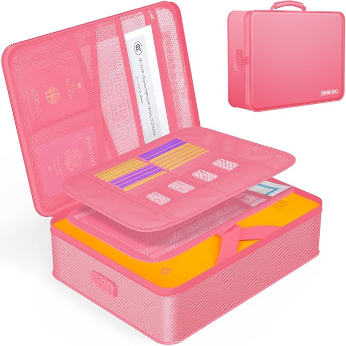 Document Organizer with 5200℉ Heat Insulated, 16.1"x11.4"x4.3" Waterproof and Fireproof Document Box with Lock, Home Strong Fireproof Safe Storage Box for Legal Size Documents and File，Pink by Noiposi
