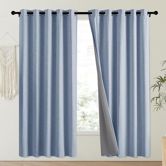 NICETOWN Stone Blue Vintage Linen 100% Blackout Curtains for Playroom, Thermal Insulated Curtains 72" Long, Noise Reducing Window Treatment Drapes for Laundry Room, 62" Wide Per Panel, Set of 2 - Image 2