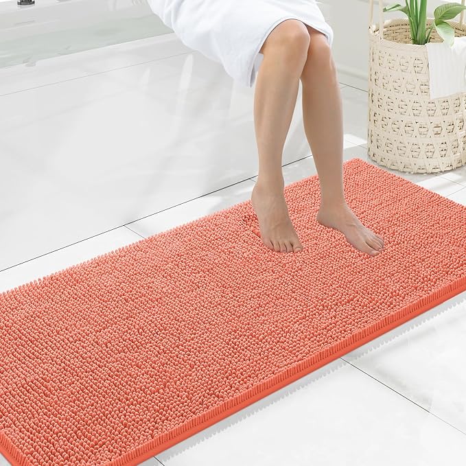 Smiry Luxury Chenille Bathroom Rugs 59x20, Extra Soft and Absorbent Shaggy Bath Mat, Machine Washable, Non-Slip Plush Carpet Runner for Tub, Shower, and Floor, Home Decor Accessories, Coral by Smiry