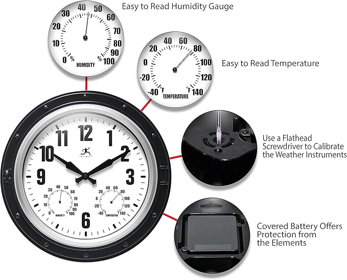 Infinity Instruments Forecaster Indoor/Outdoor Wall Clock, Thermometer, Hygrometer Combo, Stylish Durable Waterproof Weather Station for Your Home, 16 Inch, Black - Image 5
