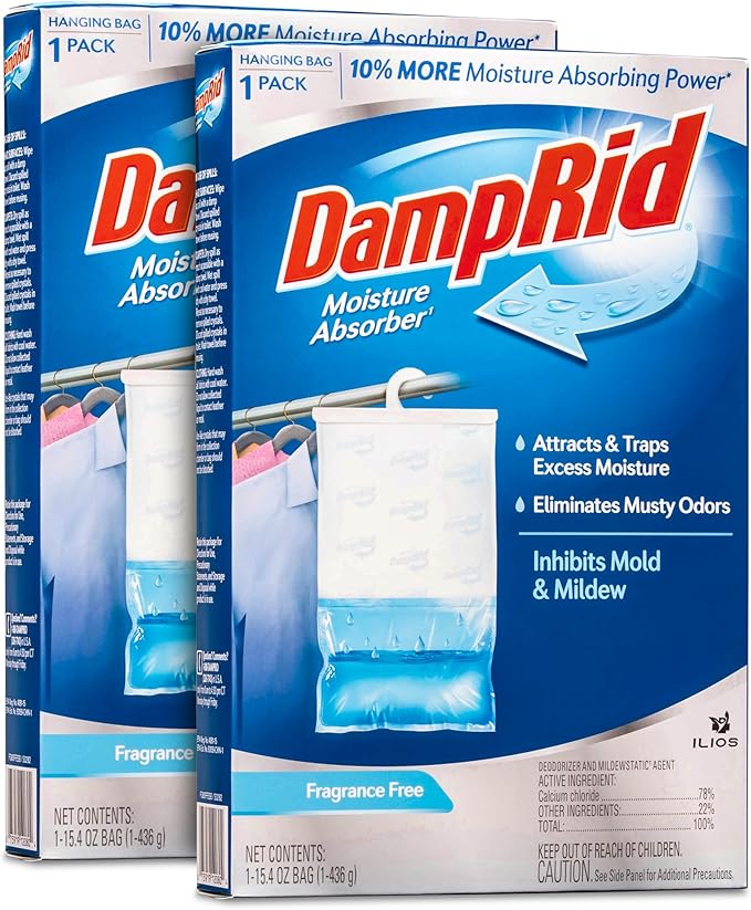 Damp Rid Hanging Bag Moisture Absorber – Fragrance Free Humidity Absorber for Closets, Closet Deodorizer & Odor Absorber, 15.4 oz Hanging Bags 2 Pack - Ilios Packaging by Ilios