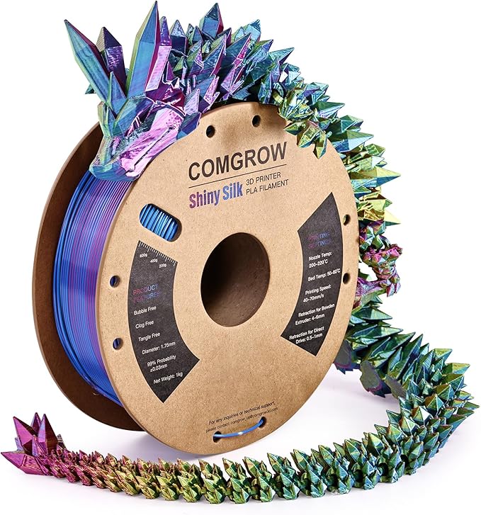 Comgrow Tri-Colors Silk PLA 3D Printer Filament, Rainbow PLA Filament 1.75mm, Dimensional Accuracy +/- 0.02 mm, 1KG Spool, Coextrusion 3D Filament with Shiny Silk Red-Blue-Yellow by Comgrow