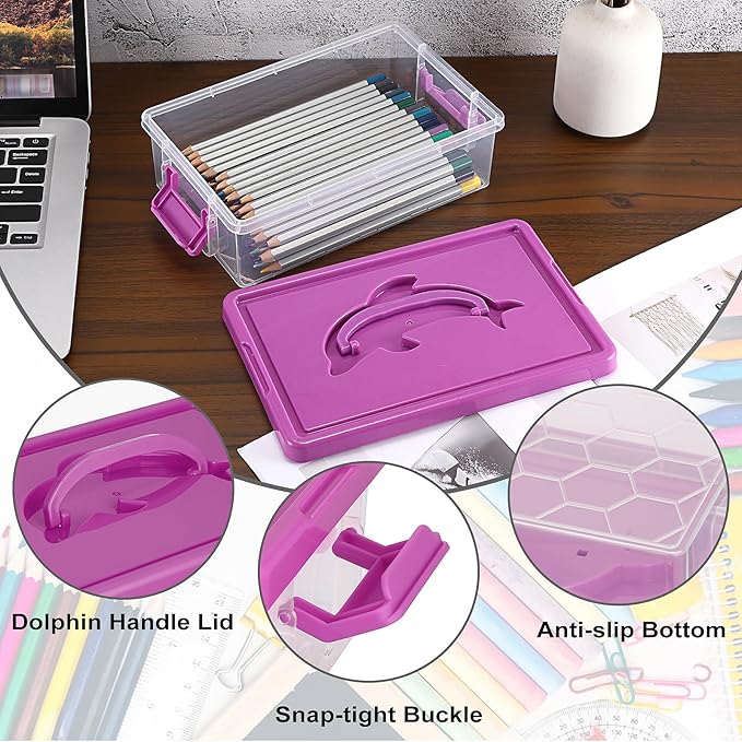 BTSKY 1-Pack Clear Plastic Storage Box with Lid, Stackable Organizer Featuring Easy-Lift Dolphin Design, Multi-Use Portable Container for Home, Craft, Office, Space-Saving with Secure-Clasp, Purple - Image 4