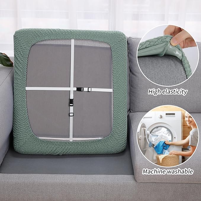 Fuloon Waterproof Couch Cushion Covers, Stretch Sofa Seat Cushion Slipcovers Solid Washable Furniture Protector Suitable for Armchair Loveseat Sofa (Sage Green, 2 Pieces) - Image 4