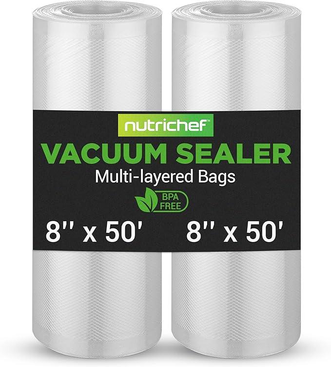NutriChef Vacuum Sealer Bags 8x50 Rolls 2 pack Compatible with All Brands, Commercial Grade, Heavy Duty, Great for vac storage, Meal Prep or Sous Vide by NutriChef%E2%84%A2Kitchen