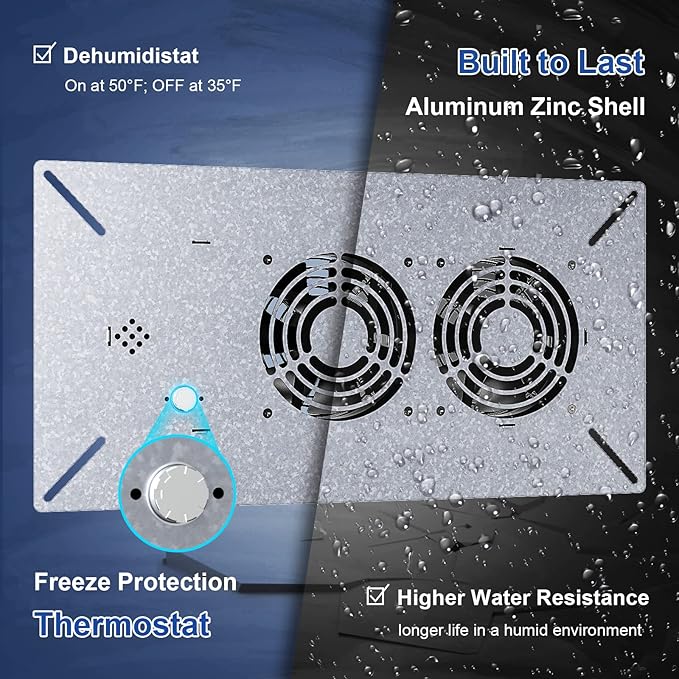 Abestorm Crawlspace Ventilation Fan with Humidistat, Basement Vent Fans with Dehumidistat & Freeze Protection Thermostat, Dual Air Vent Fan for Basement/Kitchen (220 CFM Airflow) - Image 4