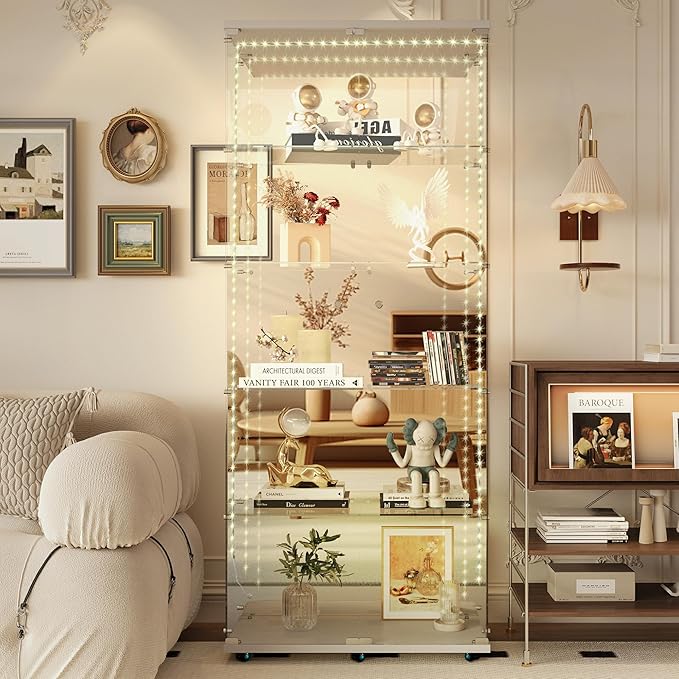 Yoluckea 5 Tiers Glass Display Cabinet with Bluetooth LED Light Strip, 2 Doors Floor Standing Curio Cabinet with Universal Wheel and Mirror Back Panel, White Glass Bookshelf for Collections, Wood Top by Yoluckea