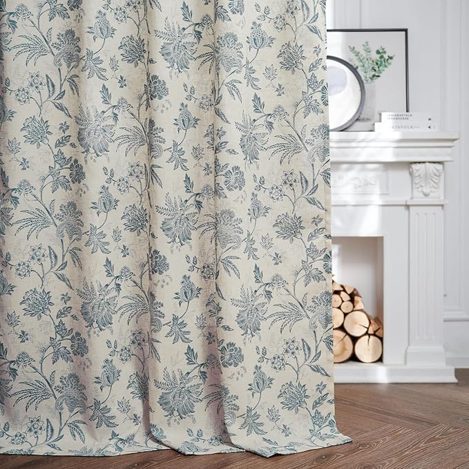 jinchan Linen Floral Curtains for Living Room with Printed Flower 63 Inches Long Light Filtering French Country Back Tab Rod Pocket Blue Window Curtain Set Farmhouse Drapes 2 Panels Blue - Image 3