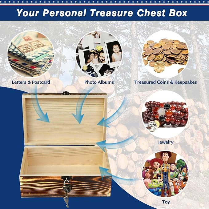 Wooden Box with Lock and Keys Hinged Lid Treasure Chest Memory Hobby Preservation Rustic Decorative Archival Organizer Jewelry Gadget Trinkets Keepsake Wood Storage Boxes 2 Pack Smokey Color - Image 4