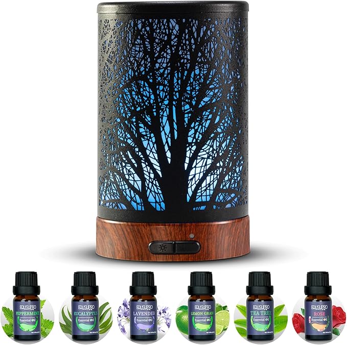 Oil Diffuser with Essential Oils Set – Aromatherapy Diffuser 150ml with 6 Essential Oils Set, Diffuser for Essential Oils, Auto Off Protection 7 Colors Night Light Gifts for Mom(Diffuser & Oils Set) by EQUSUPRO