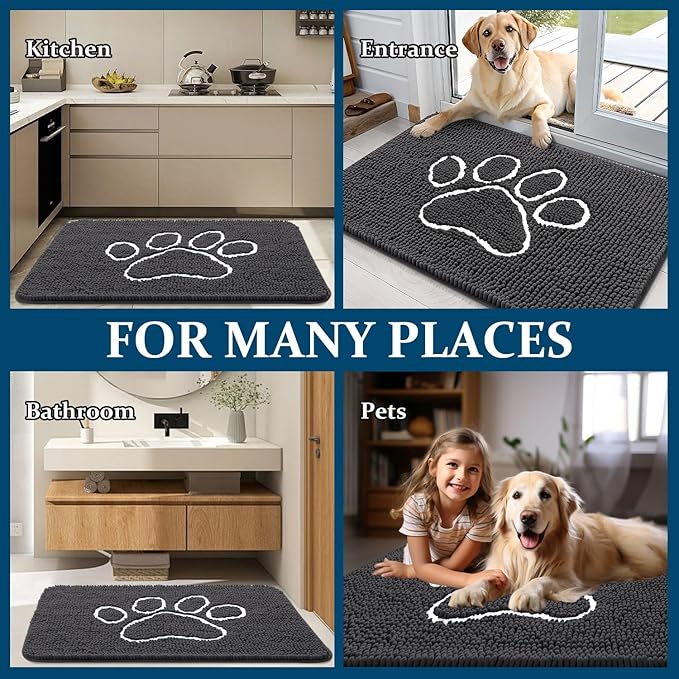 OLANLY Dog Door Mat for Muddy Paws 30x20, Paw Print Design, Absorbs Moisture and Dirt, Absorbent Non-Slip Washable Doormat, Quick Dry Chenille Mud Mat for Dogs, Entry Indoor Entryway Carpet, Dark Grey - Image 8