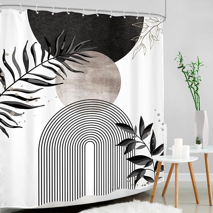 Black Grey Boho Shower Curtain 60Wx72H Bohemian Mid Century Modern Abstract Gray Gold Leaves Plant Minimalist Geometric Bathroom Decor Arch Neutral Bath Curtain Fabric Polyester 12 Pack Hooks - Image 3