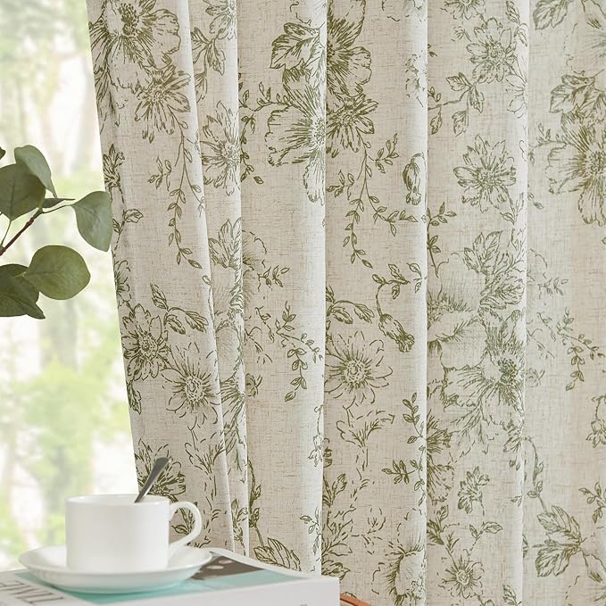jinchan Linen Blend Floral Curtains for Living Room 84 Inch Length Sage Green Printed Curtain Rod Pocket Back Tab Farmhouse Peony Flower Patterned Drapes Bedroom Curtains Set 2 Panels - Image 2