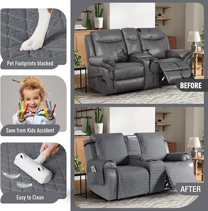 TAOCOCO 100% Waterproof Loveseat Recliner Couch Sofa Covers with Console,Double Reclining Couch Cover Non-Slip Sofa Slipcovers Washable,Furniture Protector Covers for Kids,Pets(2 Seater,Dark Gray) - Image 5