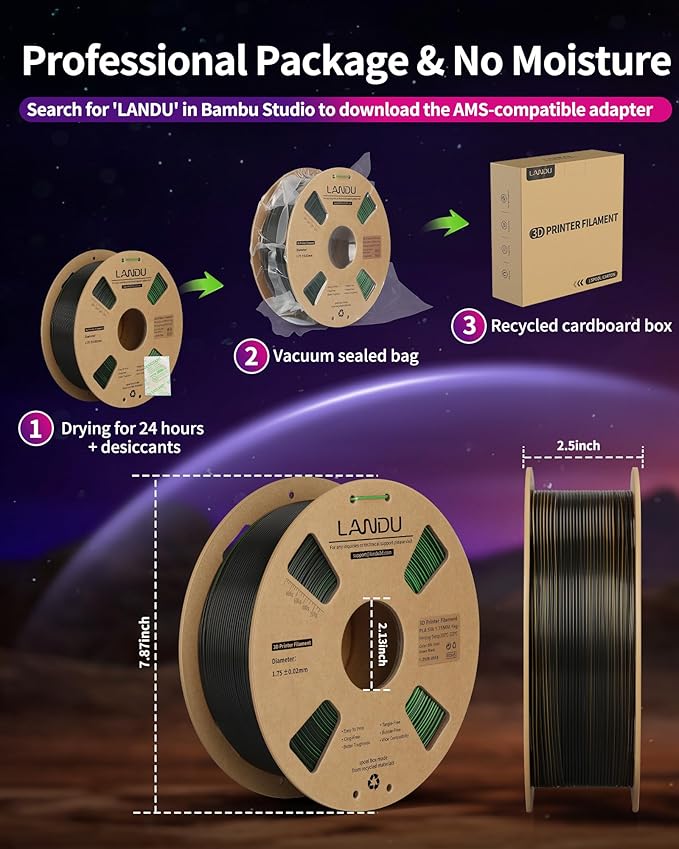 LANDU Silk Tri-Color PLA Filament 1.75mm 1Kg,Triple Color Silk PLA Filament, Silk Rainbow PLA Filament,Neatly Wound 3D Printer Filament,3 in 1 Multi Color Filament +/-0.02mm, Silk Gold Green Black - Image 6