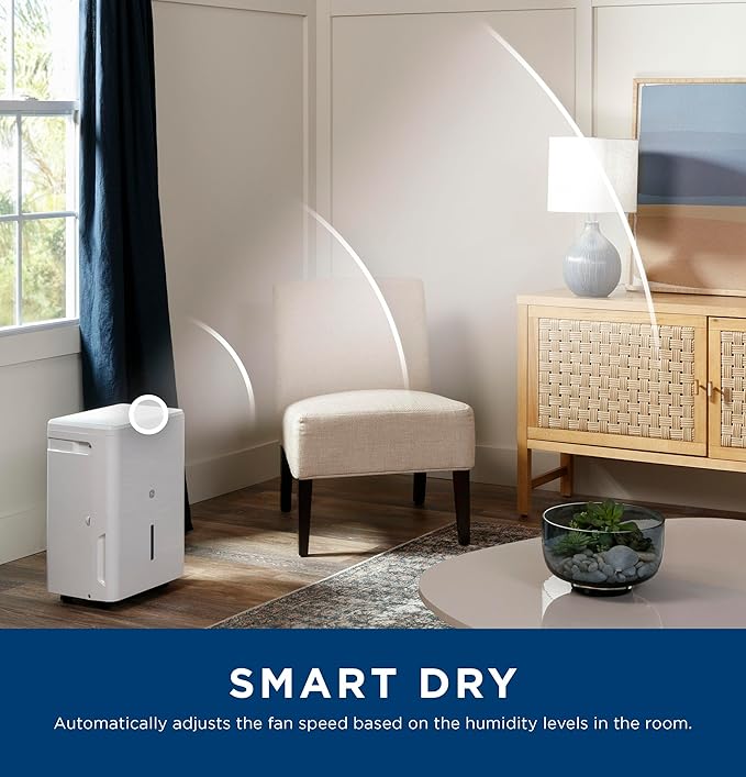GE Portable Dehumidifier, 50 Pint Daily Output with Built-in Pump and Smart Dry for Wet Spaces Auto or Manual Drainage, Ultra Quiet, Perfect for Basement, Bedroom, Bathrooms, White - Image 6