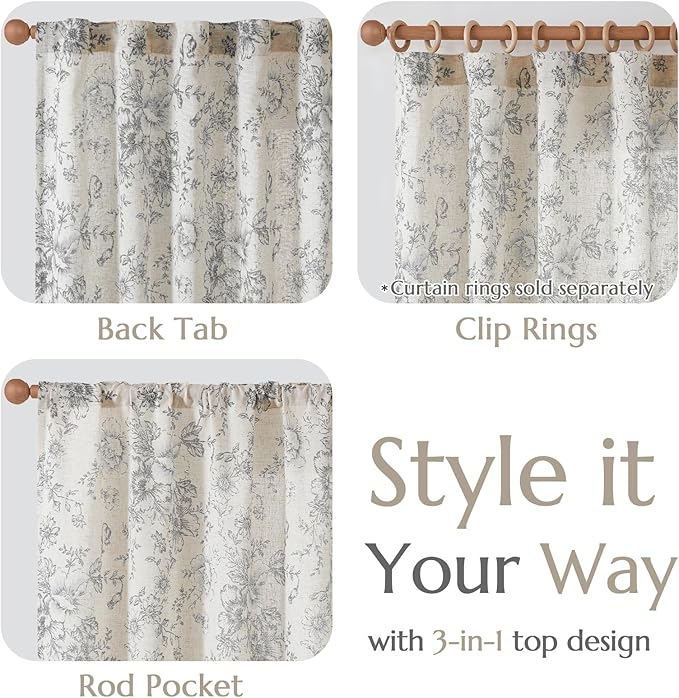 jinchan Linen Blend Curtain Floral Curtains for Living Room 54 Inch Length Grey Printed Curtain Rod Pocket Back Tab Farmhouse Peony Flower Patterned Drapes Bedroom Window Curtains Set 2 Panels - Image 5