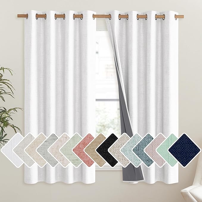 NICETOWN 100% Absolutely Blackout Linen Curtains with Thermal Insulated Liner, Greyish White, 52" Wide, 63" Length Energy Saving Curtains for Living Room 2 Panels Set, Vertical Blinds by NICETOWN