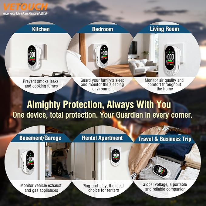 4-in-1 Plug-in Smoke & Carbon Monoxide Alarms with Digital Display Monitors CO, Smoke, Temperature, Humidity, 85dB Loud Alarm, Self-Test, Adjustable Sensitivity, for Home, Kitchen, RV - Image 8