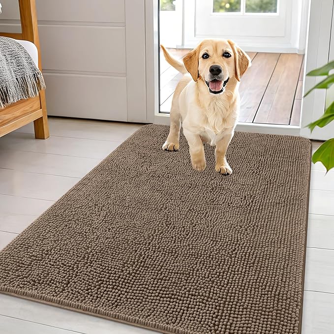 OLANLY Dog Door Mat for Muddy Paws 44x32, Absorbs Moisture and Dirt, Absorbent Non-Slip Washable Doormat, Quick Dry Chenille Mud Mat for Dogs, Entry Indoor Entryway Carpet for Inside Floor, Tan by OLANLY