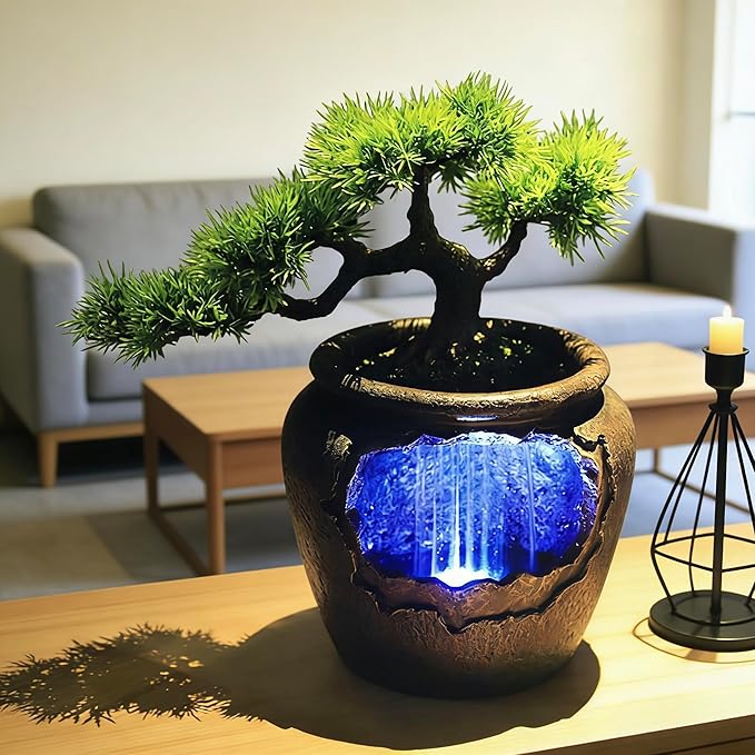 12Inch Fake Bonsai Tree Small Waterfall Fountain Indoor Tabletop Decoration with LED Lights and Water Flow, Resin Desktop Water Fountains Indoor Home Decor or Festival Birthday Surprise by kunghei