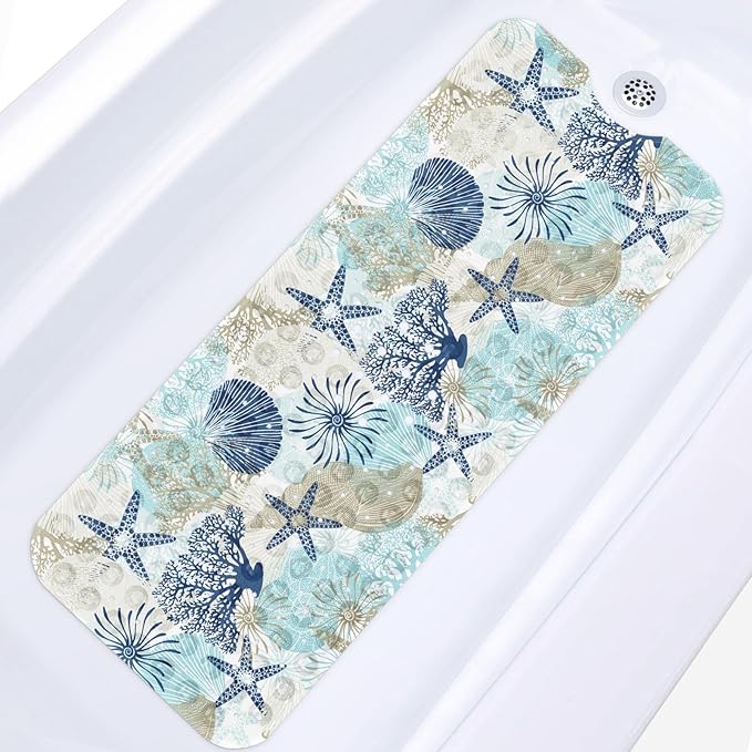 Cute Seashells Sea Shell Bath Mat Non Slip, Ocean Starfish Beach 40X16 Inch Extra Long Bathtub Shower Mat for Tub Anti Slip with Suction Cups and Drain Holes for Kid Adult Elderly by Britown