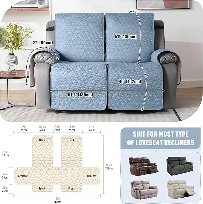 TAOCOCO 100% Waterproof Recliner Cover, Non-Slip Washable Reclining Couch Cover with Elastic Leg Straps, Furniture Protector for Dogs (Sky Blue, 2 Seater) - Image 3