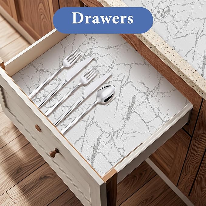Drawer and Shelf Liner for Kitchen Cabinet: 17 in X 20 Ft Non Slip Waterproof Shelf Paper Non Adhesive Refrigerator Liners Silver Marble Easy Liners for Bathroom with Knife Tape Measure - Image 3