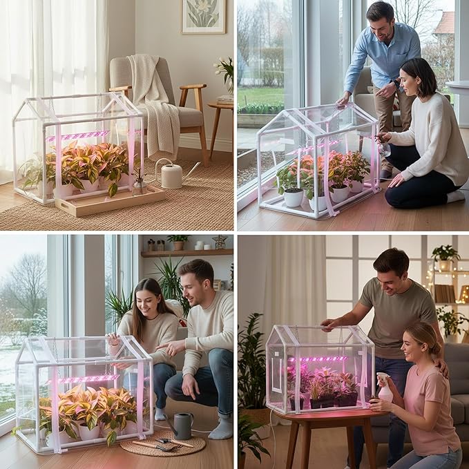 Meonum Mini Greenhouse for Indoor Outdoor, Portable Green House with 15W Plant Dimmable LED Grow Lights, Timer, 3 Light Color Mode for Indoor Outdoor Seed Starter Tray(23.6"x15.7"x19.6") - Image 3