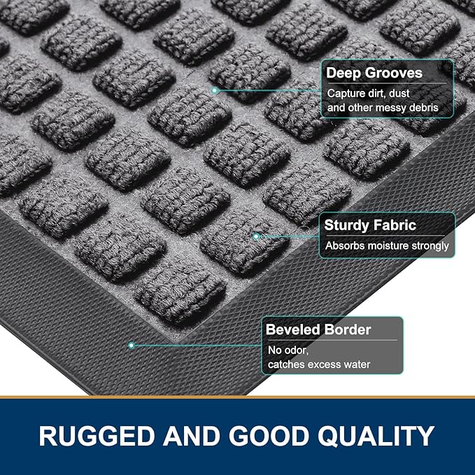 Smiry Front Door Mat Outside Entrance, Heavy Duty Natural Rubber Doormat, Non Slip, Trap Dirt and Moisture, Easy Clean, Low Profile Welcome Floor Mats for Indoor Outdoor Entry, 35x23 Inch, Mix Grey - Image 3
