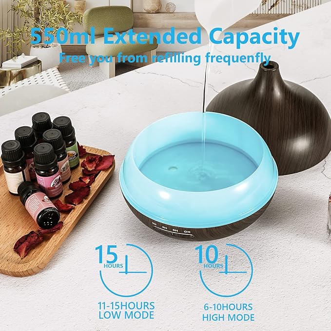 SACATR 550ml Oil Diffuser with 15x10mL Essential Oils, Ultrasonic Technology, Remote Control for Home Office - Image 7