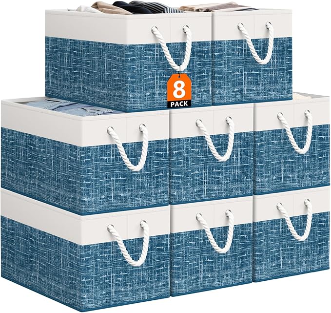 Storage Bin,Collapsible Storage Basket For Organizing,Large Storage Boxes With Rope Handles,Storage Containers,White & Blue,8 Pack by StorageTastic