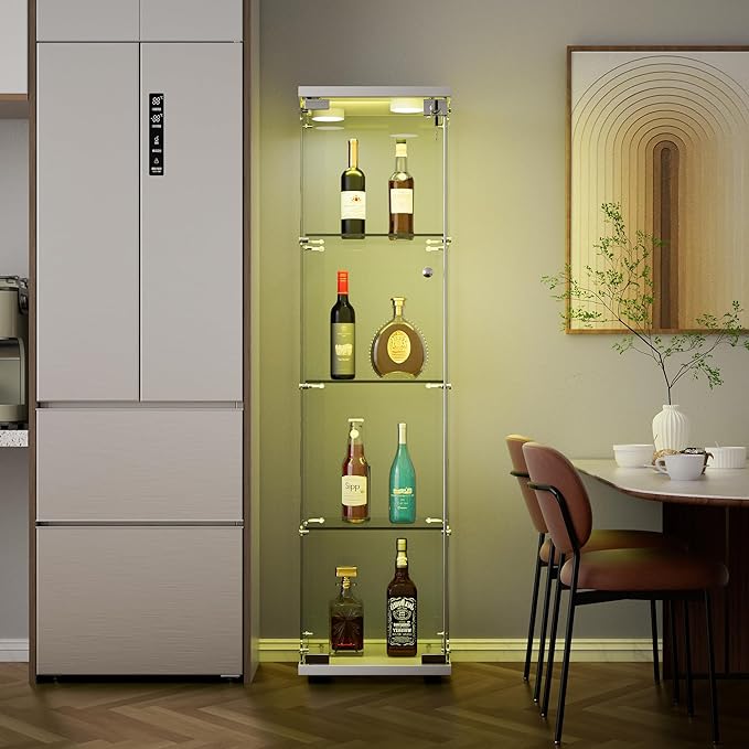 Yoluckea 4 Shelves Glass Display Cabinet with LED Light and Door, Floor Standing Clear Glass Curio Cabinet Collection for Living Room Bedroom 64.7”x16.7”x 14.3” White(Upgrade Assembly) - Image 3