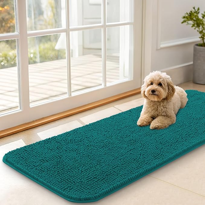 OLANLY Dog Door Mat for Muddy Paws 47x17, Absorbs Moisture and Dirt, Absorbent Non-Slip Washable Doormat, Quick Dry Chenille Mud Mat for Dogs, Entry Indoor Entryway Carpet for Inside Floor, Lake Blue by OLANLY