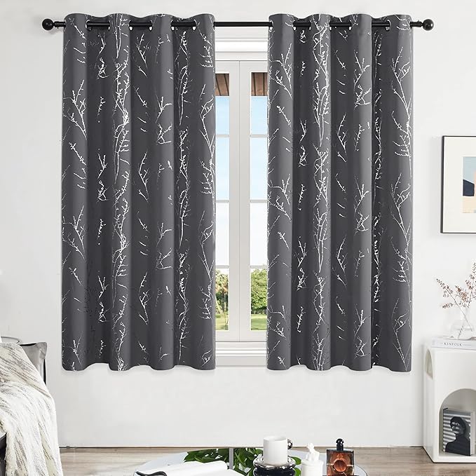 Deconovo Grey Blackout Curtains, Thermal Insulated Soundproof Drapes, Silver Branch Foil Print, 52 x 63 Inch, 2 Panels, Machine‑Washable Privacy Window Panel for Living Room Bedroom Nursery Office - Image 2