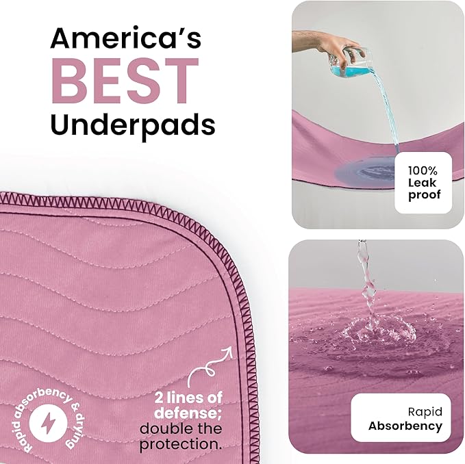 IMPROVIA® Washable Underpads, Heavy Absorbency Reusable Incontinence Pads for Kids, Adults, Elderly, and Pets, Waterproof Protection Floor (Pink and White, 34" x 36" - Pack of 4) - Image 2