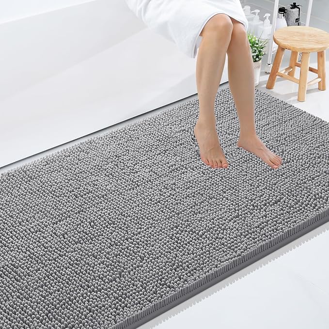 Smiry Luxury Chenille Bathroom Rugs 59x35, Extra Soft and Absorbent Shaggy Bath Mat, Machine Washable, Non-Slip Plush Carpet Runner for Tub, Shower, and Floor, Home Decor Accessories, Grey by Smiry