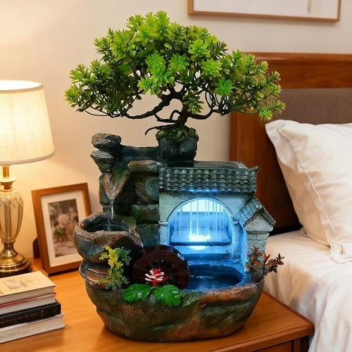 11" Desktop Fountain Rock Waterfall Humidifier with Artificial Tree &LED Light, Tabletop Water Fountains Indoor Fake Plant Bonsai Tree Feng Shui Decoration for Aquariums Office Bedroom Home Décor - Image 2