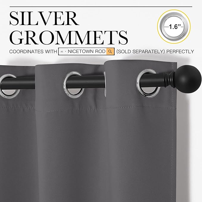 NICETOWN Blackout Curtain Blind for Bedroom, Single Panel, W34 x L63 inches, Grey/Gray, Thermal Insulated Grommet Blackout Room Darkening Drape/Drapery - Image 3