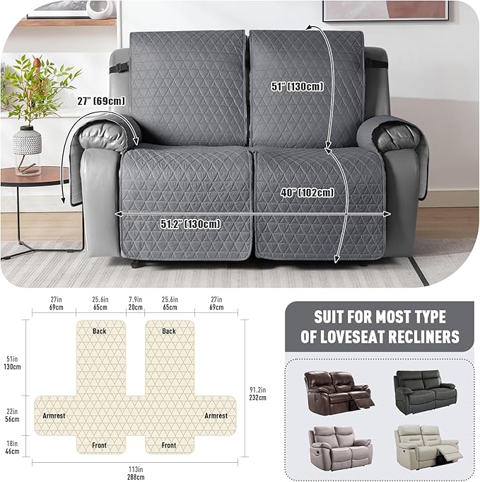 TAOCOCO 100% Waterproof Recliner Cover, Non-Slip Washable Reclining Couch Cover with Elastic Leg Straps, Furniture Protector for Dogs (Dark Gray, 2 Seater) - Image 3