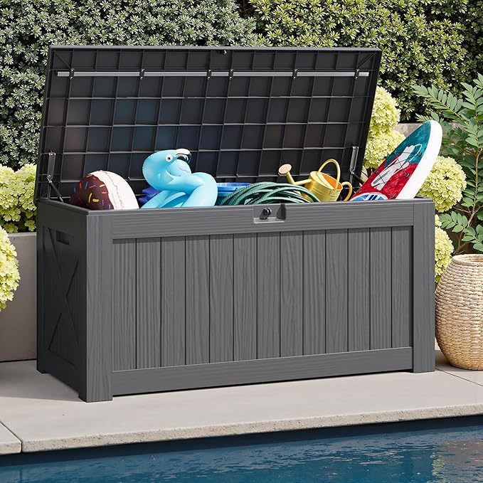 JUMMICO 120 Gallon Resin Deck Box, Large Outdoor Storage Box Waterproof & Lockable for Garden, Patio, Pools (Gray) - Image 4