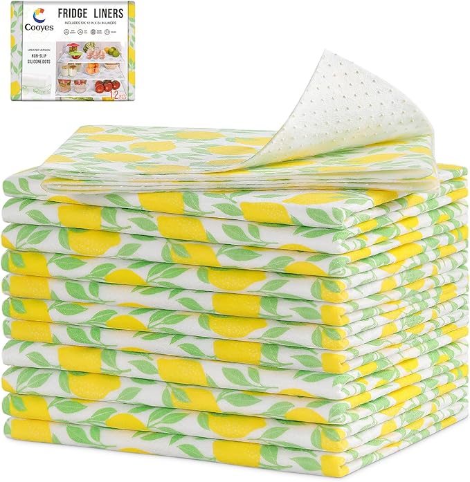 Cooyes 12 Pack Polyester Shelf Liners for Kitchen Cabinets, 12" × 24", Non-Slip Refrigerator Liners Machine Washable, Refrigerator Drawer Mats for Glass Shelves and Kitchen Cabinets by Cooyes